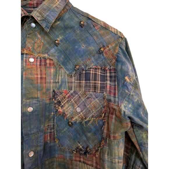 Custom Distresssed Studded Yolk Patchwork Madras Plaid Western Shirt - Picture 4 of 9
